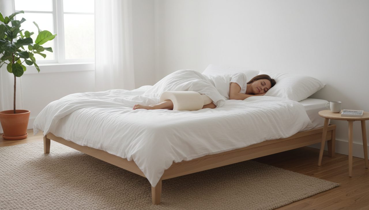 A tranquil bedroom scene with a side sleeper using a knee pillow in soft morning light.