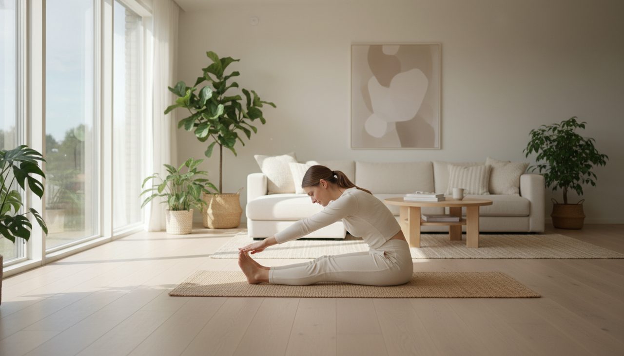 A person gently stretching on a yoga mat in a bright, minimalist living room.