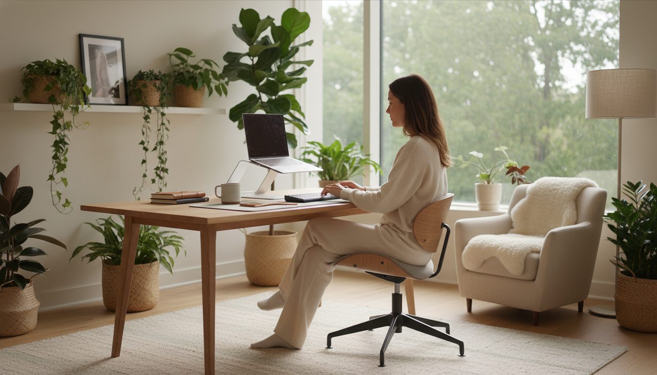 A person works comfortably at a tidy desk with a laptop stand in a bright home office.