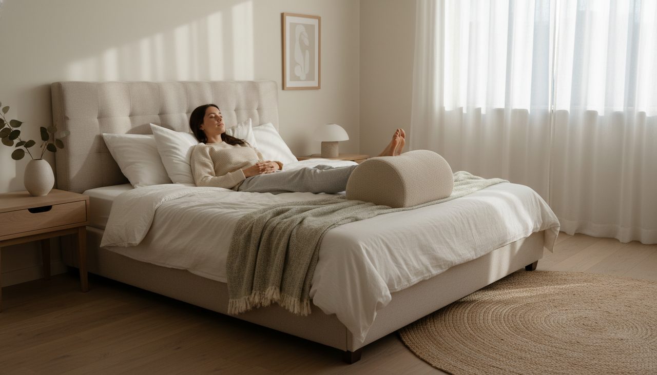 A person relaxing peacefully on a bed with a leg elevation pillow in a bright, serene bedroom.