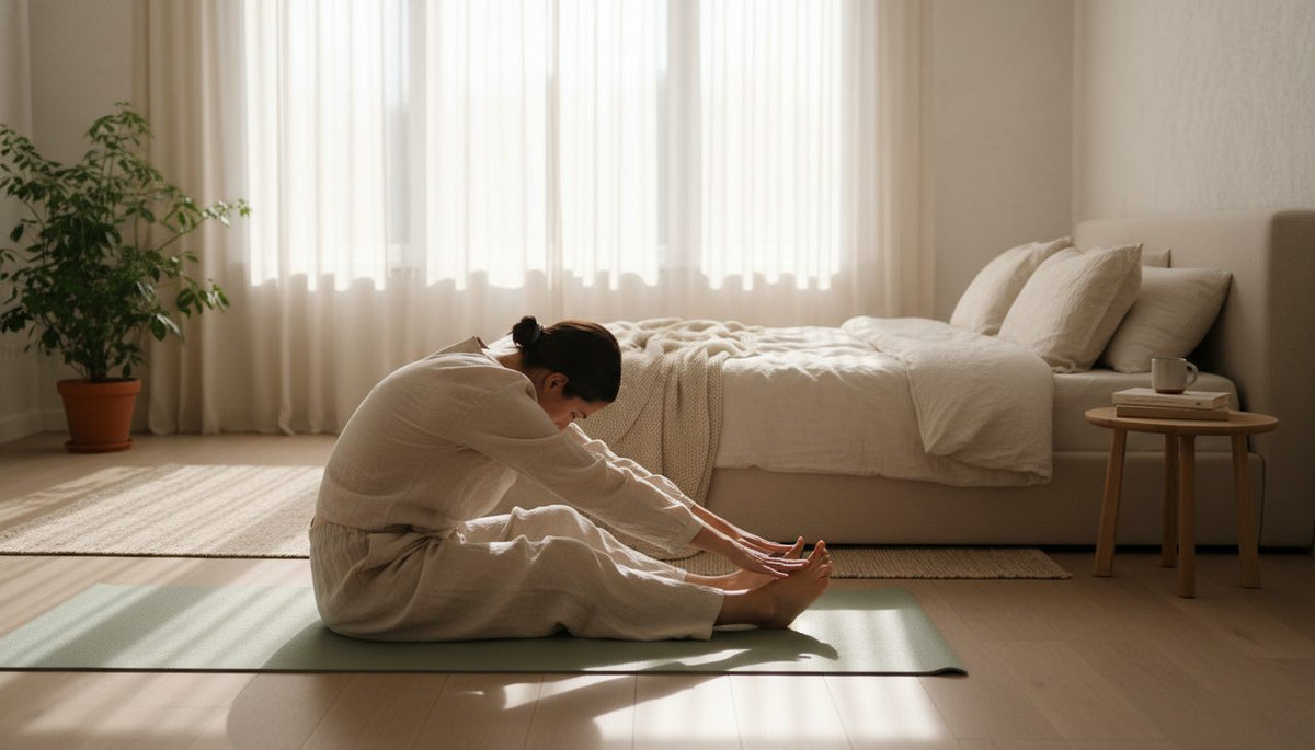 A person gently stretching their back on a yoga mat in a sunlit bedroom.