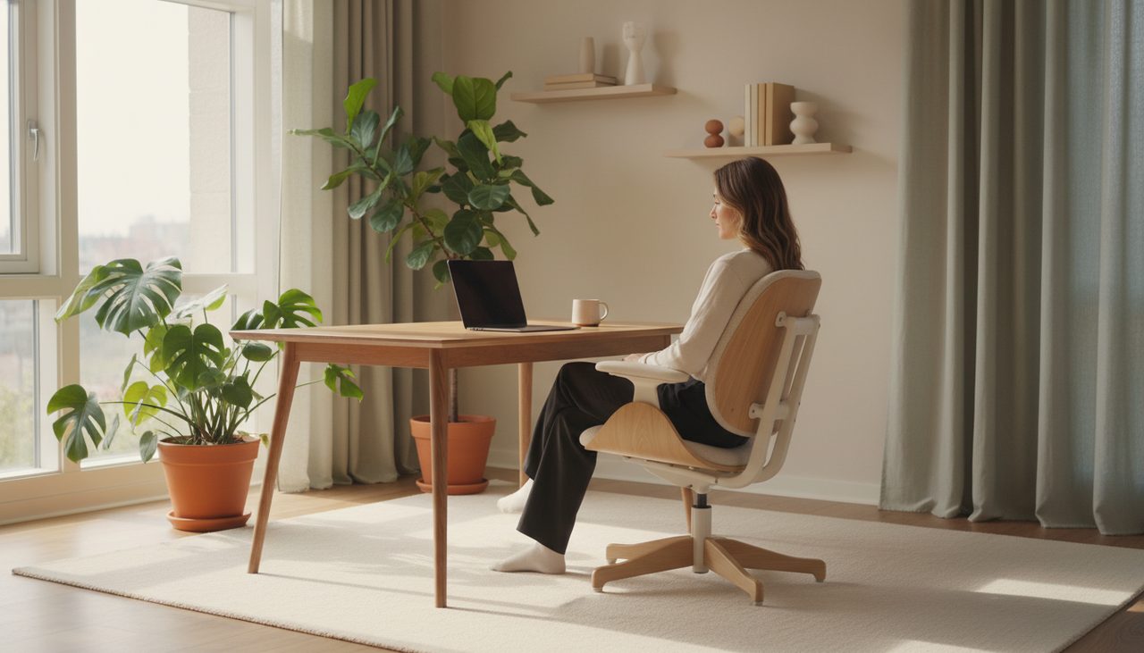 A bright home office with a person sitting comfortably in an ergonomic chair with lumbar support.
