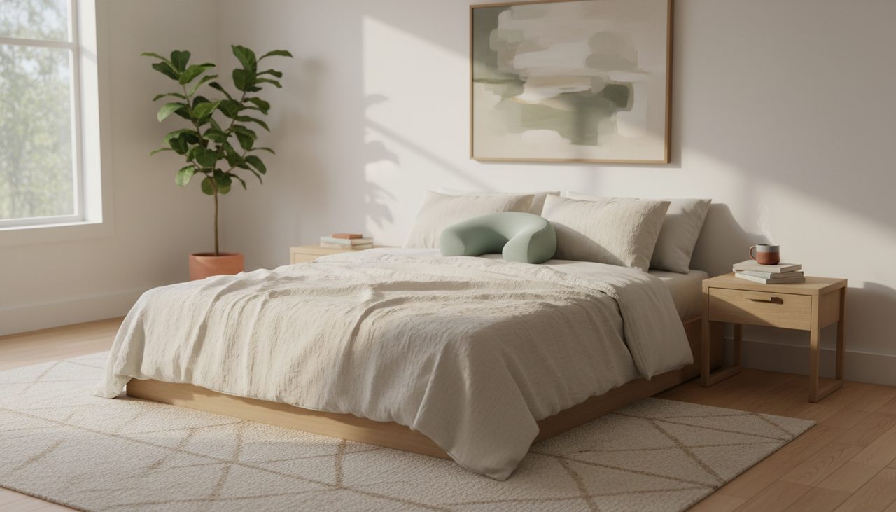 A bright bedroom with a memory foam neck pillow on a neatly made bed.