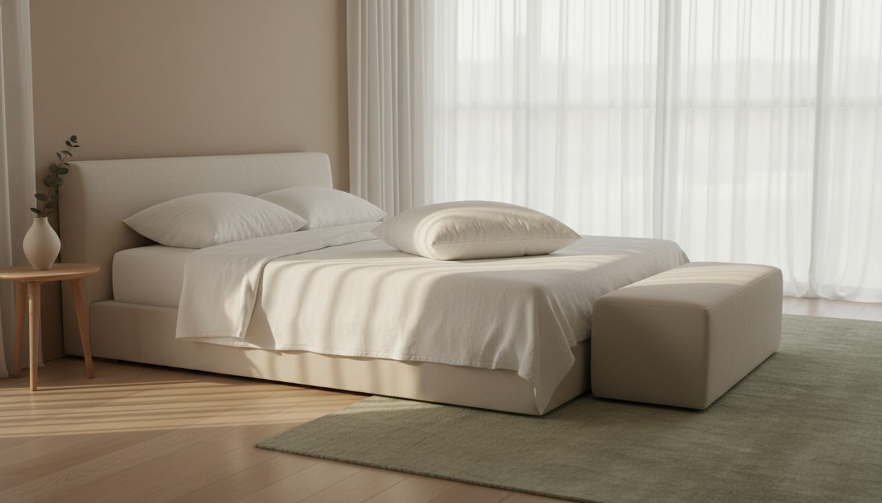 A bright, minimalist bedroom with a plush white memory foam pillow on a neatly made bed.