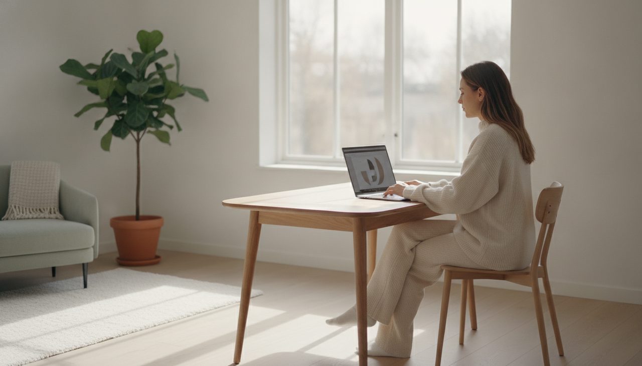 A bright, minimalist home office with a person comfortably working at a desk, monitor at eye level.