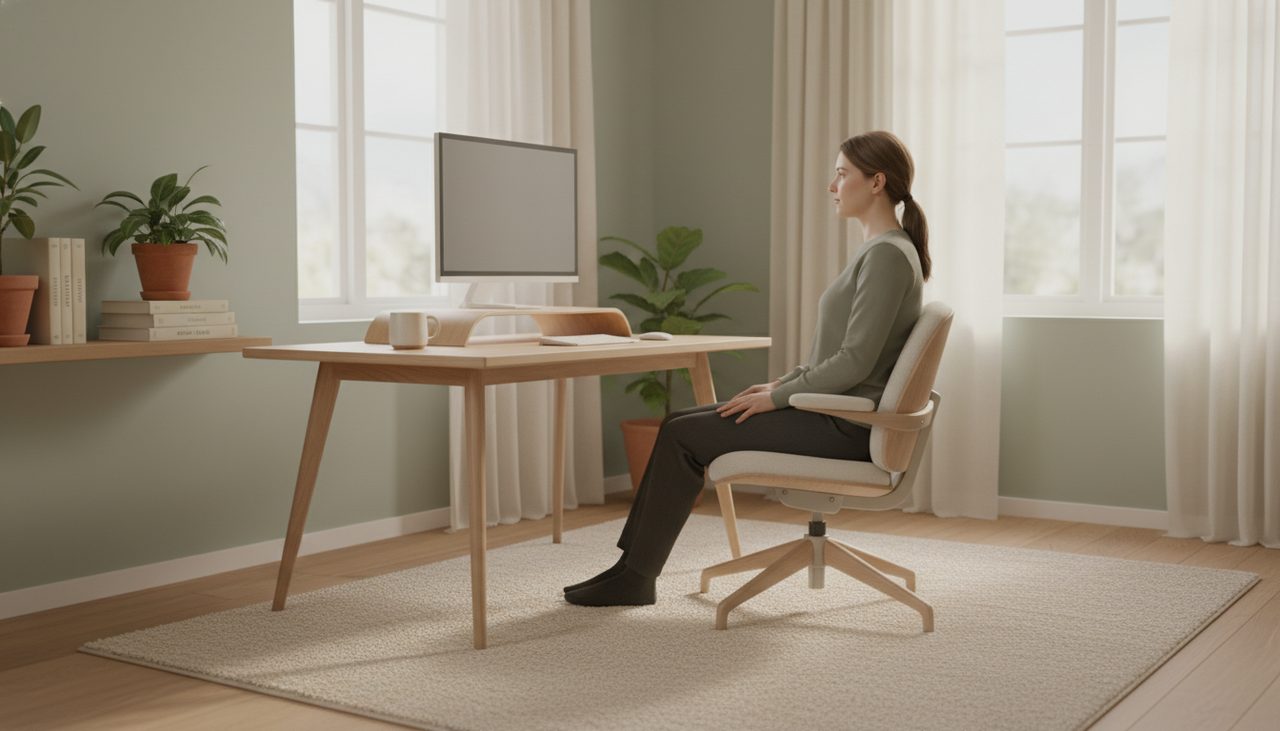 Bright home office with person working comfortably at an ergonomic desk setup.