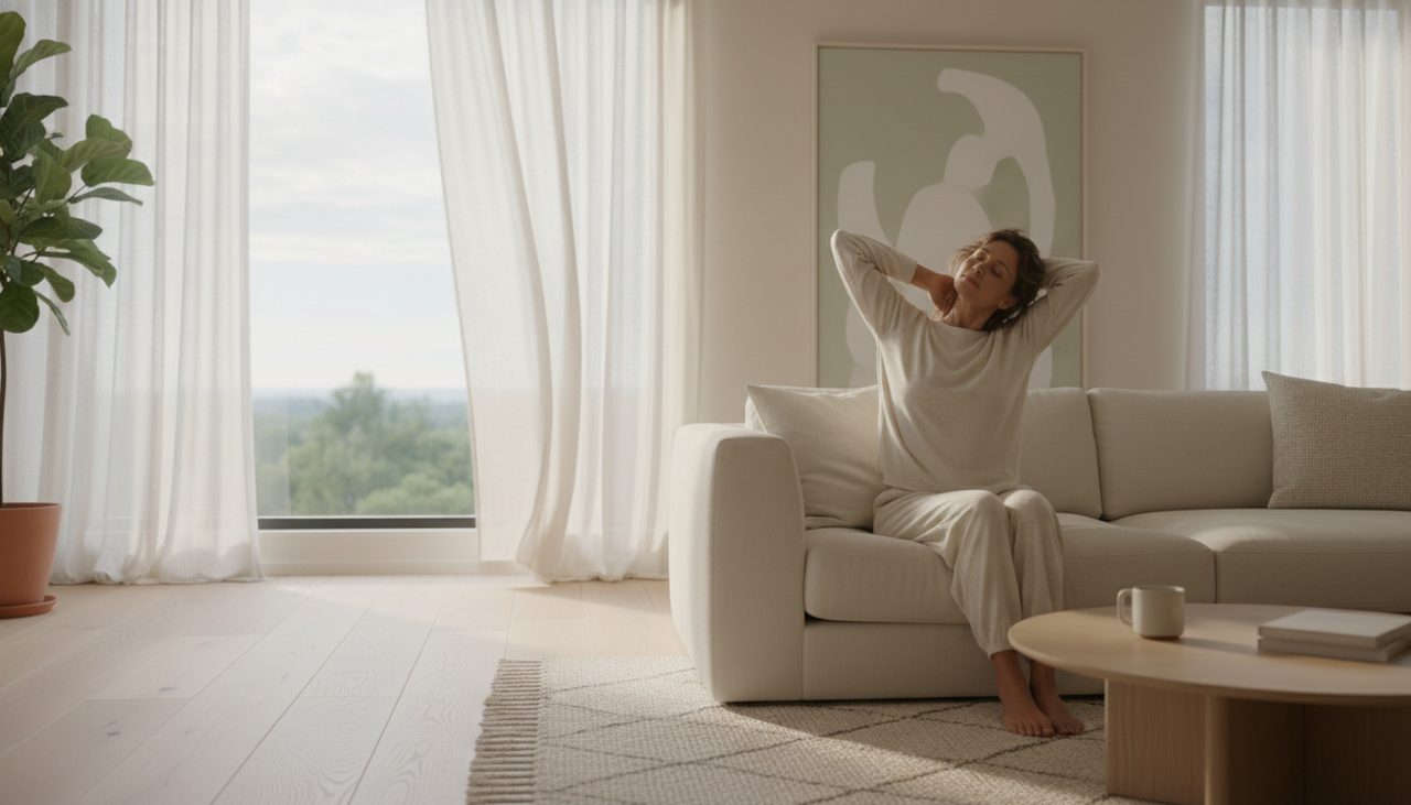 A serene living room with a person gently stretching their neck in soft morning light.