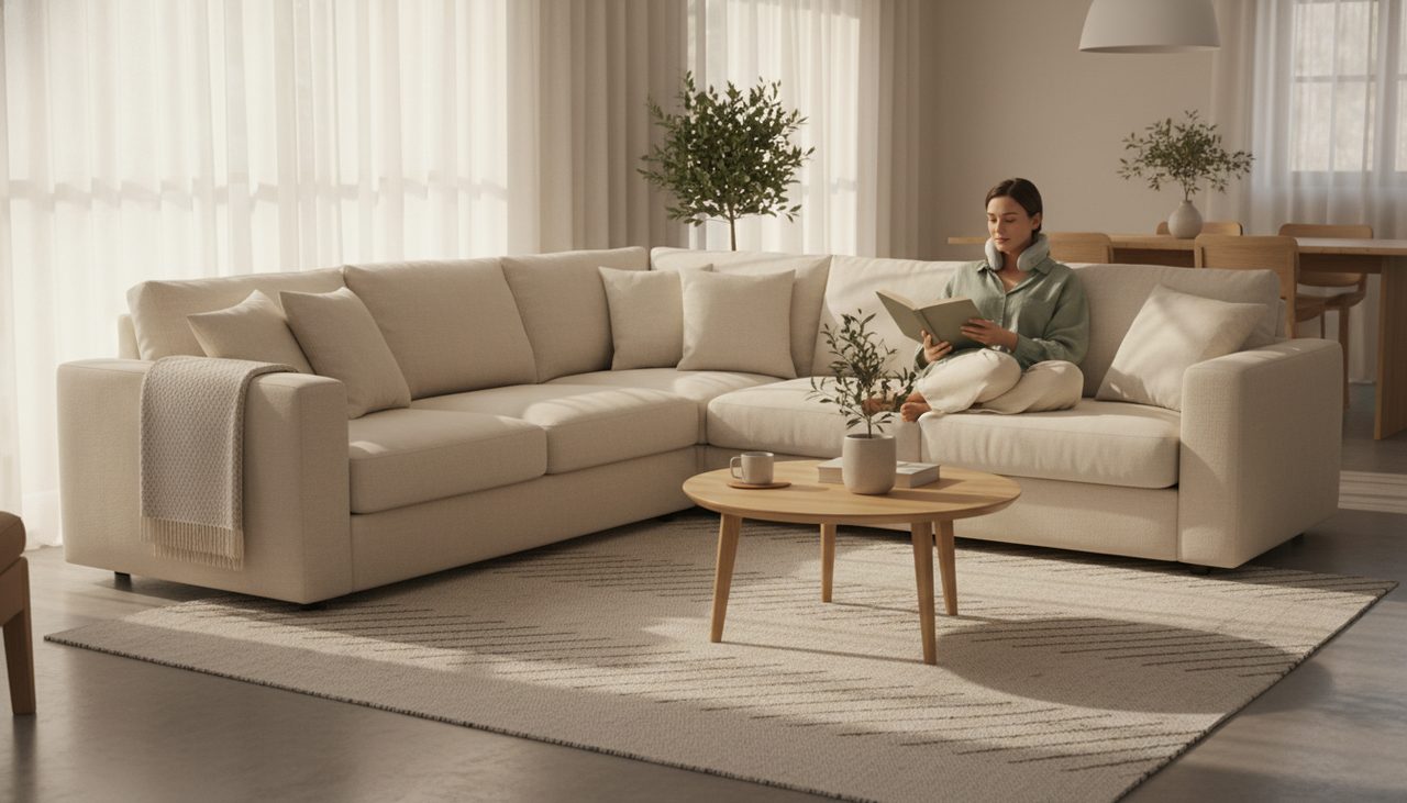 Person relaxing on a sofa in a sunlit living room, neck massager visible.
