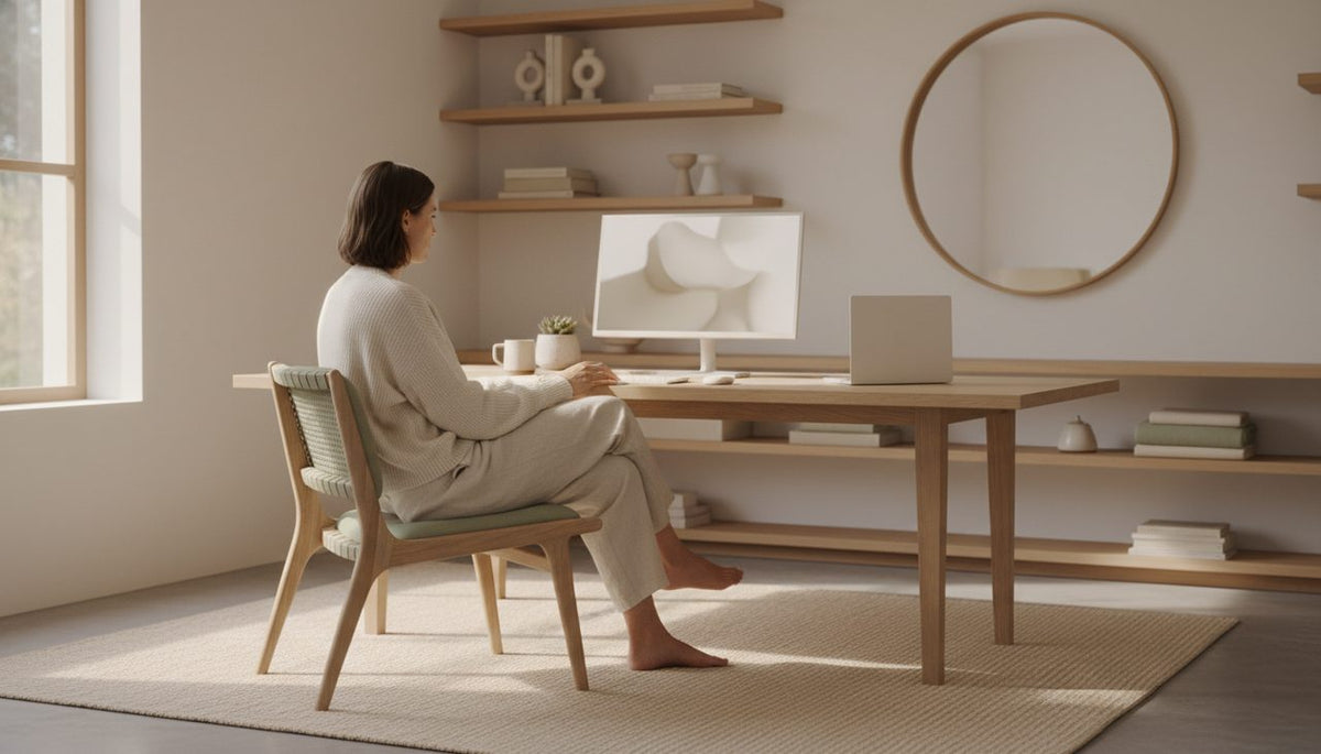 Person sits comfortably at a bright home office desk, practicing good posture.