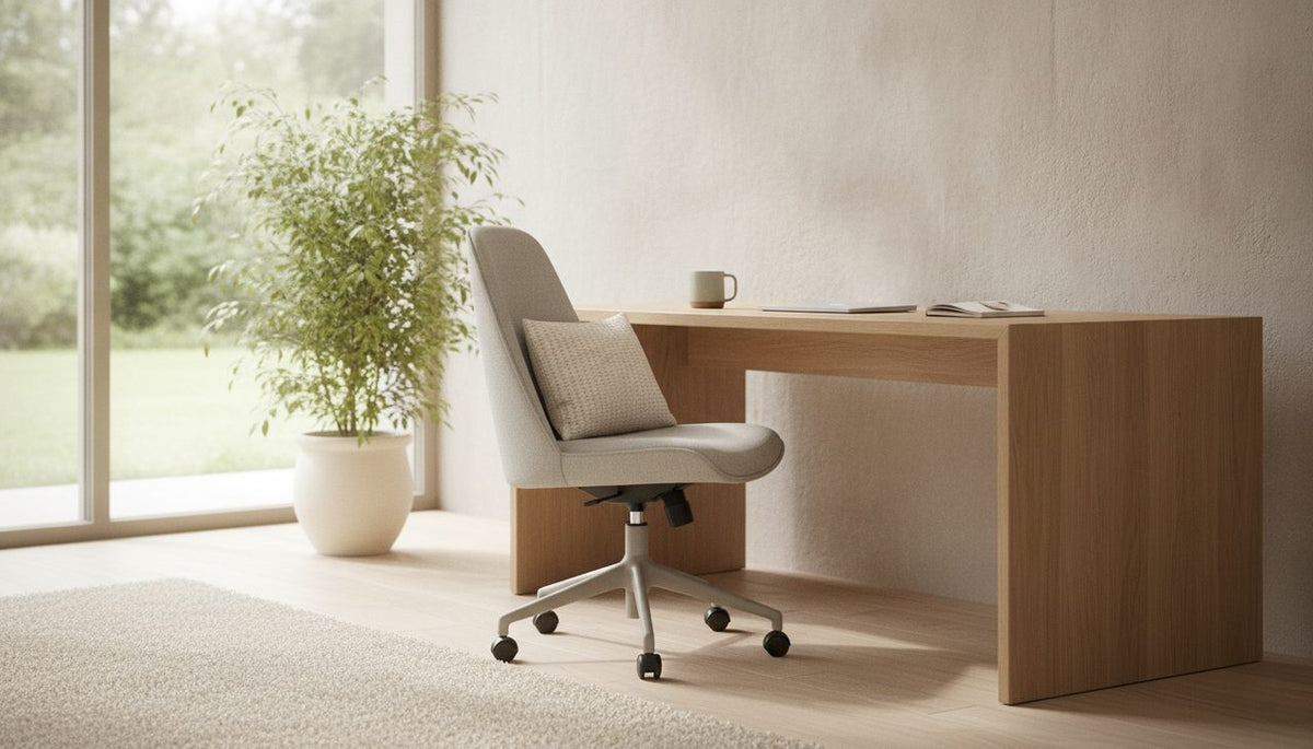 A bright, modern home office with an ergonomic chair and a comfortable seat cushion.