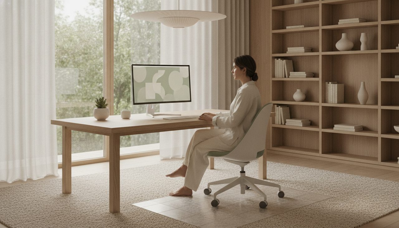 A person glides an office chair on a clear mat in a bright, modern home office.