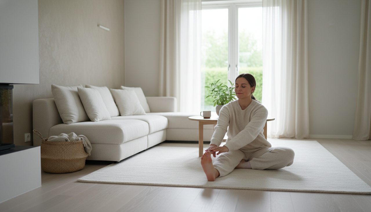 A person gently stretches their foot on a cozy rug in a sunlit living room.