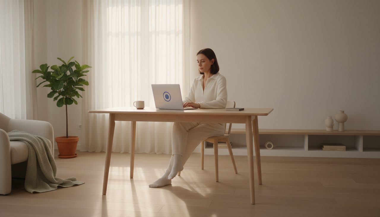 A person sits calmly at a bright home office desk, demonstrating natural, comfortable posture.
