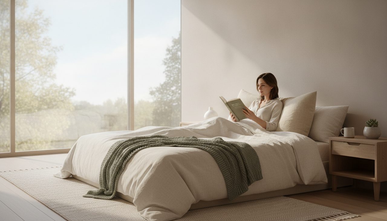 A person reading comfortably in bed against a supportive reading pillow.