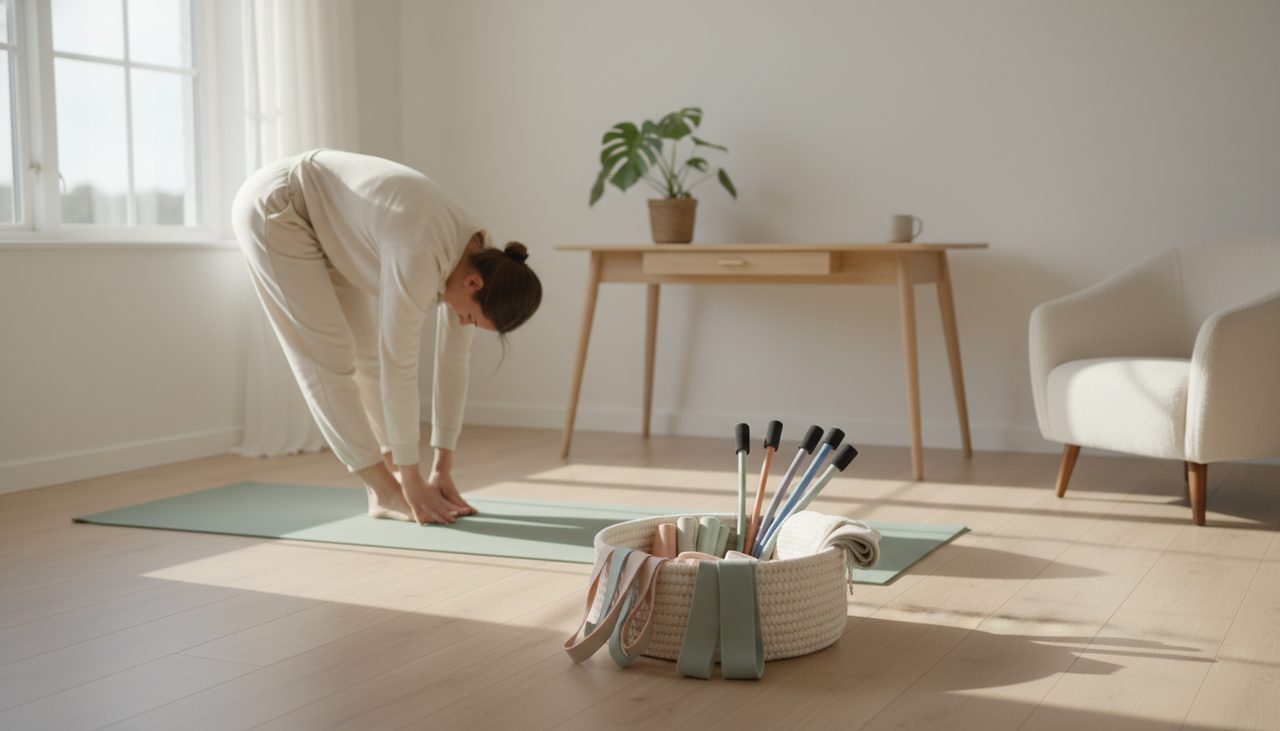 A person stretching with resistance bands in a bright, calm home office.