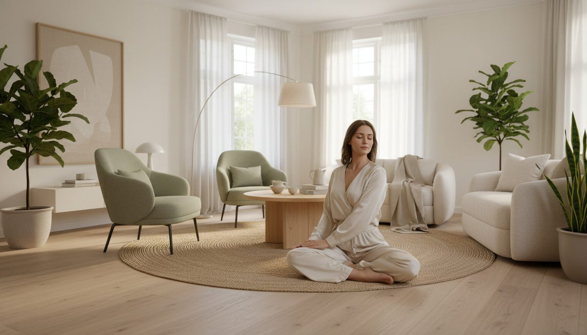 A person gently stretches on a rug in a bright, tranquil living room with soft morning light.