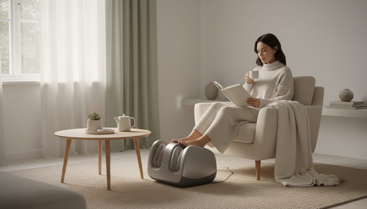 Person relaxing in a bright living room, enjoying a foot massager with a book and tea.