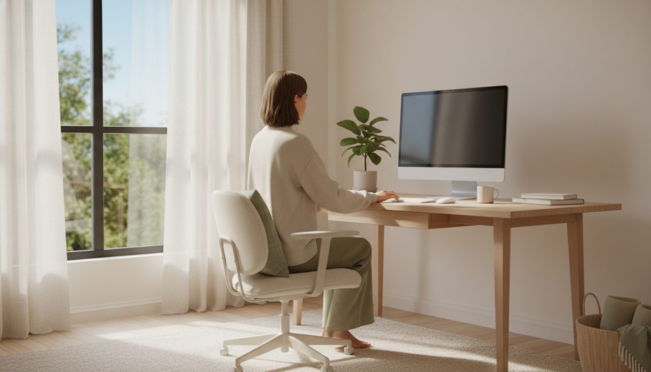 A person works calmly at a bright, tidy home office desk with natural light.