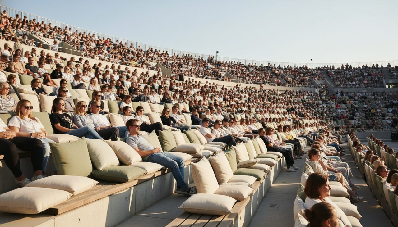 Wide shot of happy people comfortably seated in a sunny stadium, enjoying an event.