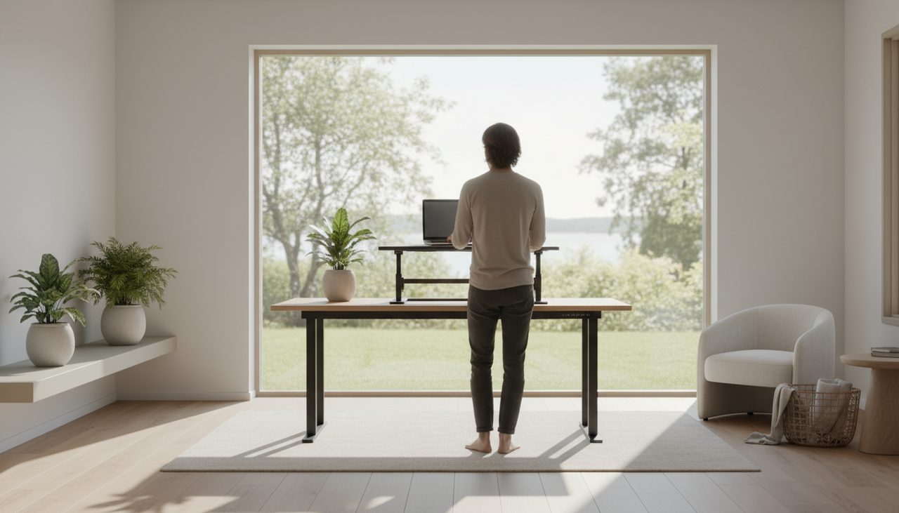 A wide shot of a bright modern home office with a standing desk converter and a person.