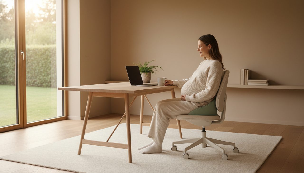 A pregnant woman comfortably seated at a bright home office desk with a supportive cushion.