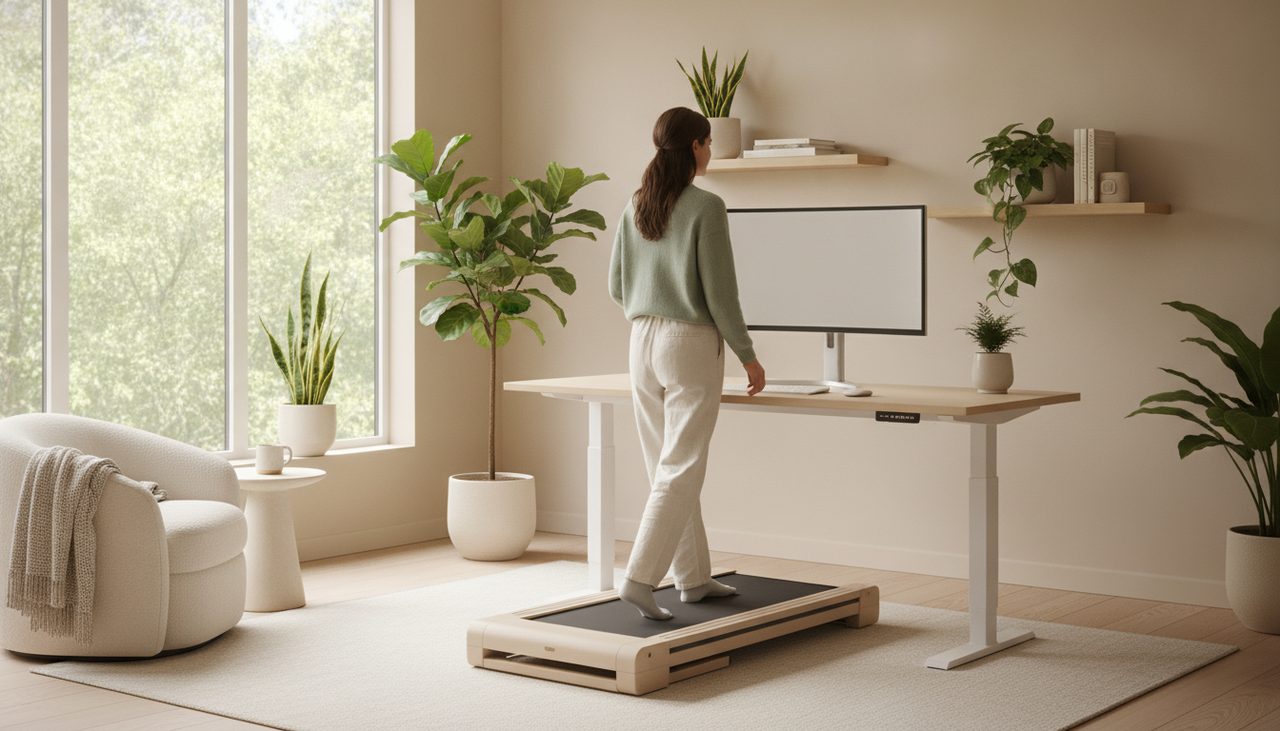 A person walks on an under-desk treadmill in a bright, minimalist home office.