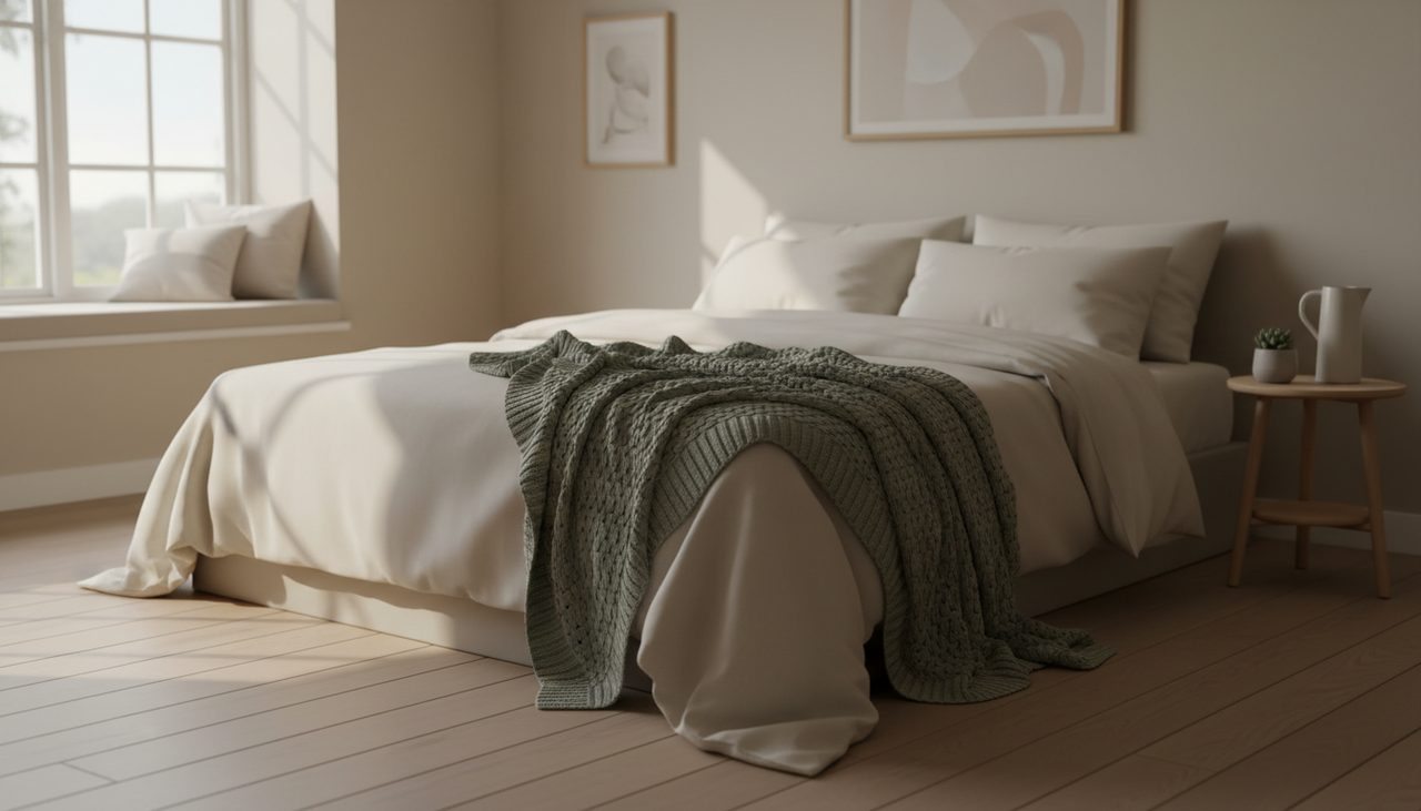 A neatly made bed in a bright bedroom, with a weighted blanket draped over it.