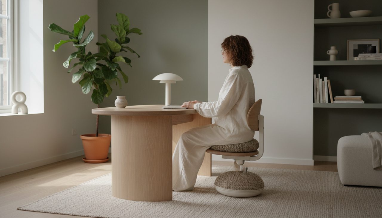 Person comfortably seated at a bright home office desk using a wobble cushion.