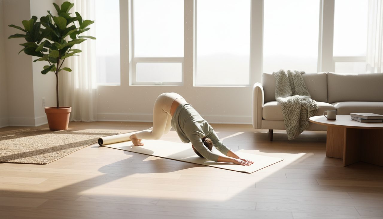A person stretches on a yoga mat in a sunlit, minimalist living room.