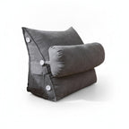 WedgeRest backrest pillow in gray with the bolster buttoned on, on a white background