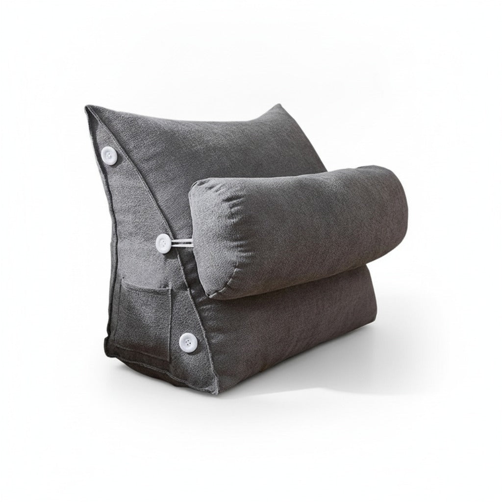 WedgeRest backrest pillow in gray with the bolster buttoned on, on a white background