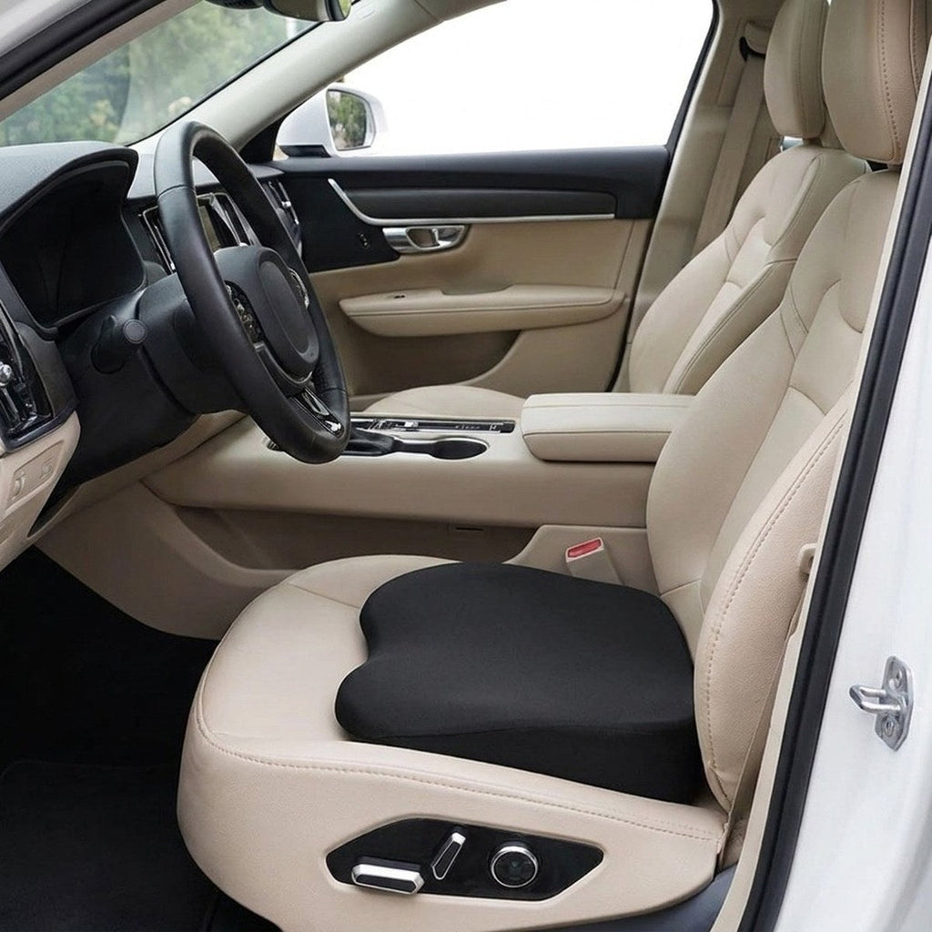 Black RideRise booster cushion on a car's driver seat