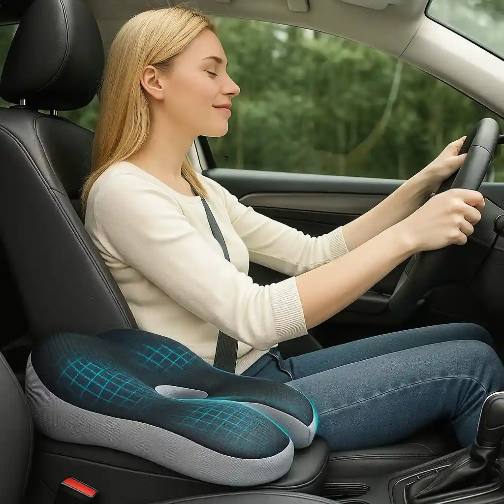 Driver using ErgoDrive™ seat cushion for comfortable long-distance driving