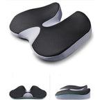 ErgoDrive inclined seat cushion, black top and light gray sides, with front and side views