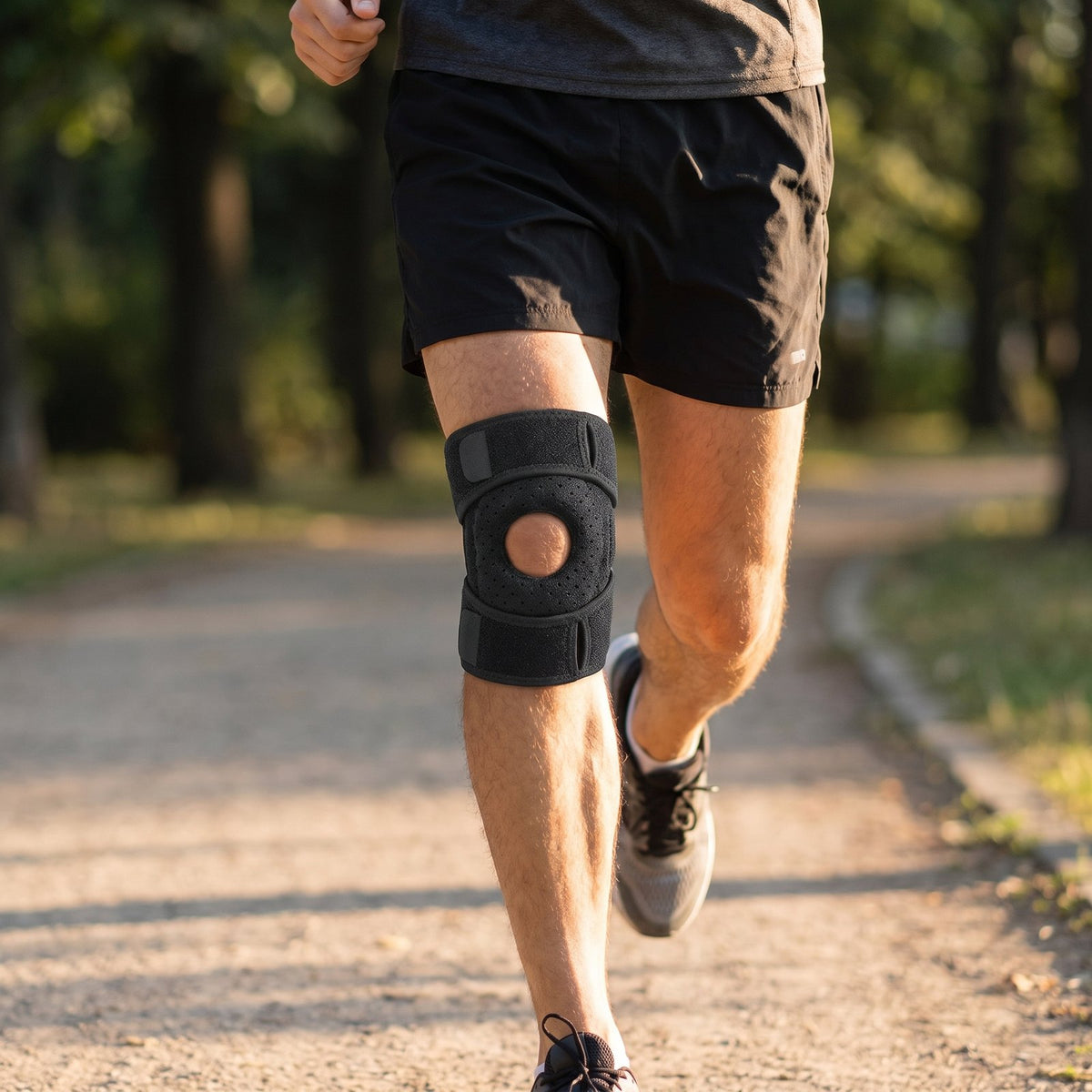 Man jogging on a park path wearing the black KneeFrame knee brace on his right knee