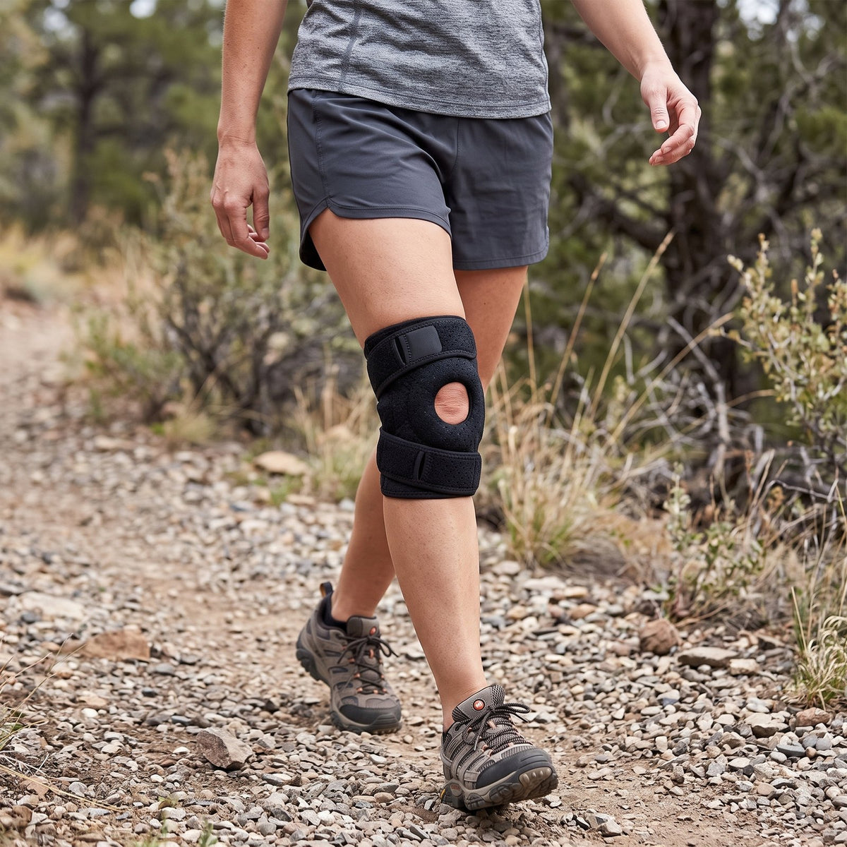 Woman walking on a gravel trail wearing the black KneeFrame open-kneecap knee brace