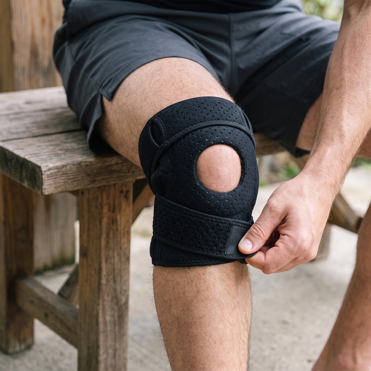 Hands fastening the lower strap of the black KneeFrame knee brace below the kneecap