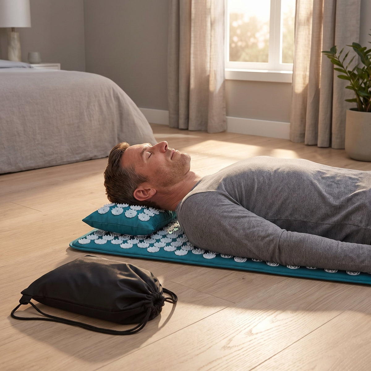Man lying on the teal AcuRelief acupressure mat with his neck on the matching spiked pillow