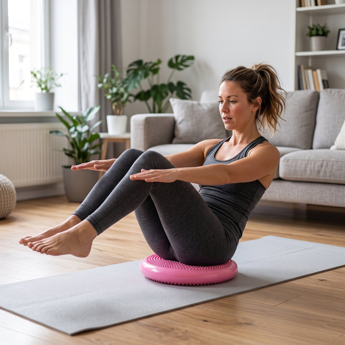 Woman doing a seated core exercise on the pink BalancePro balance disc on a yoga mat