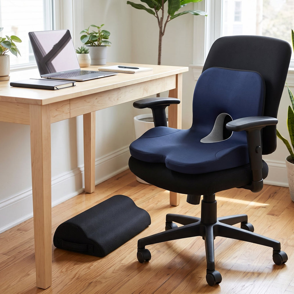 Navy Chair-Fit seat-and-back cushion on a black office chair with the black mesh footrest under the desk
