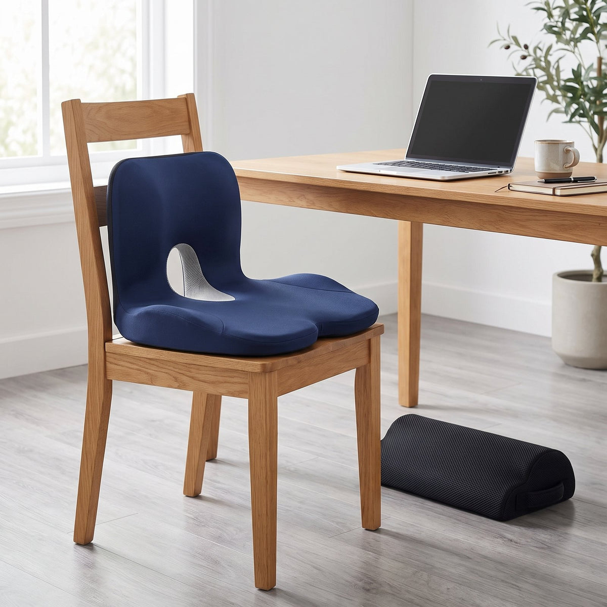 Navy seat-and-back cushion on a wooden dining chair at a home desk, black footrest in front