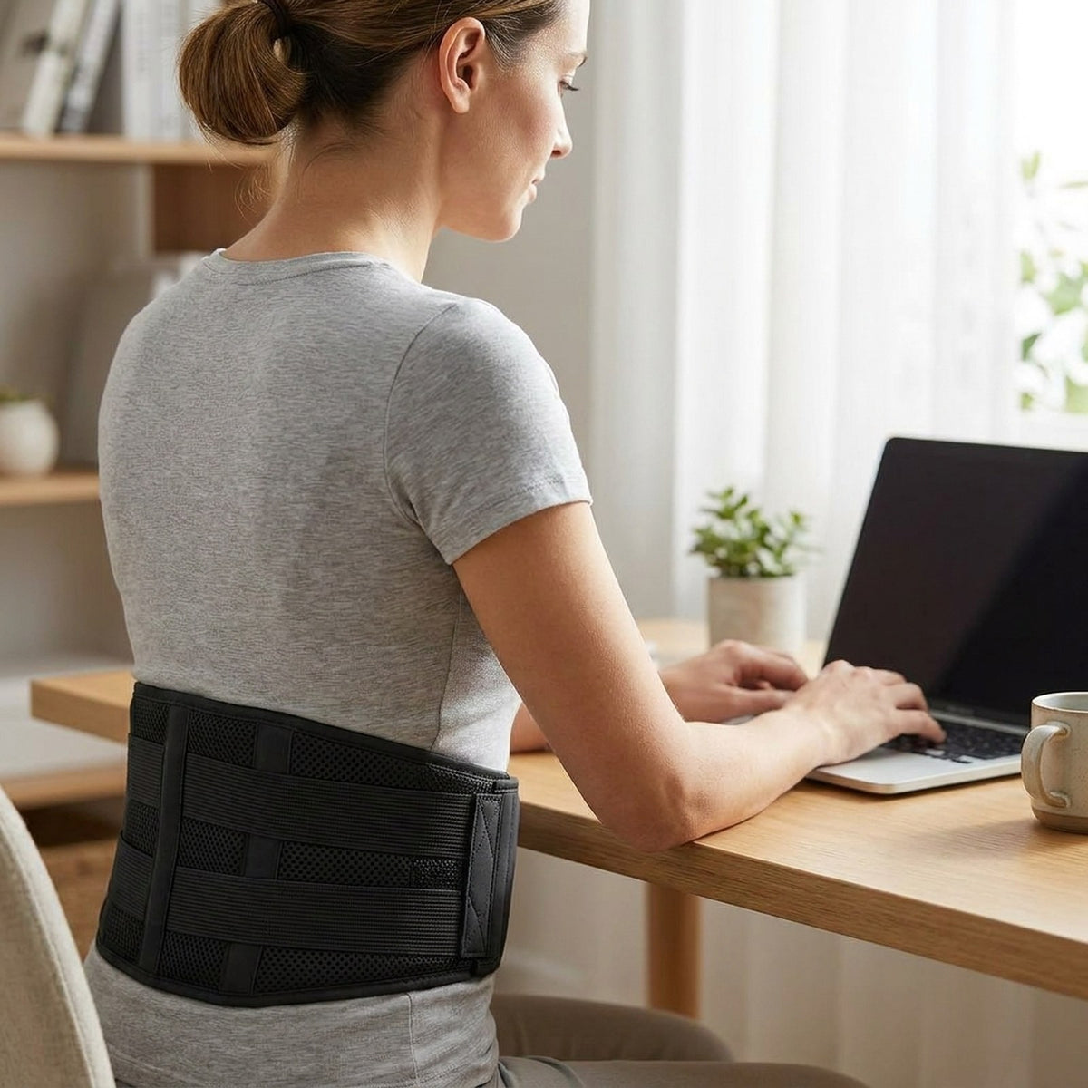 Woman at a desk wearing the black CoreGuard Pro back support belt over a gray T-shirt