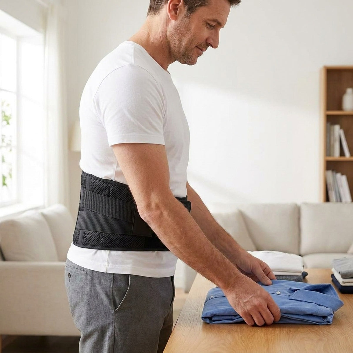 Man folding laundry while wearing the black CoreGuard Pro back support belt