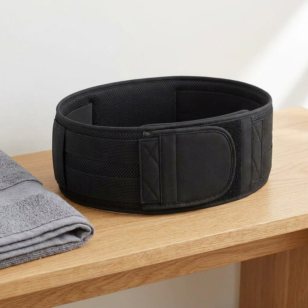 Black CoreGuard Pro back support belt on a wooden bench