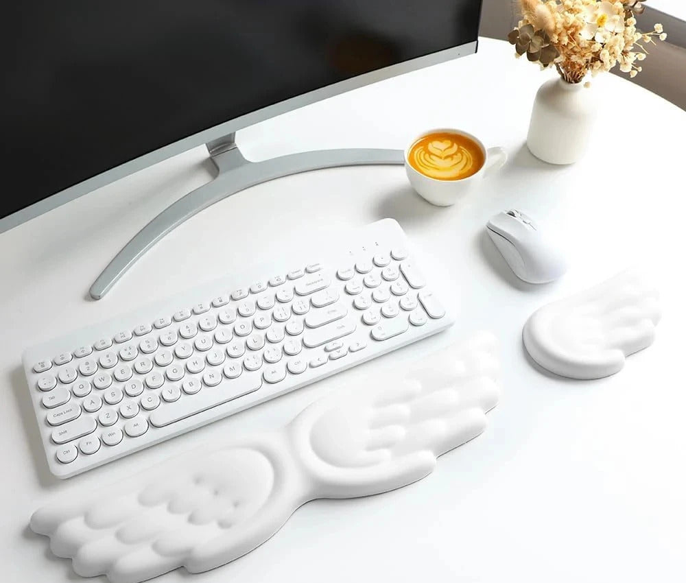 WristWing memory foam keyboard wrist rest set — main view on a white desk