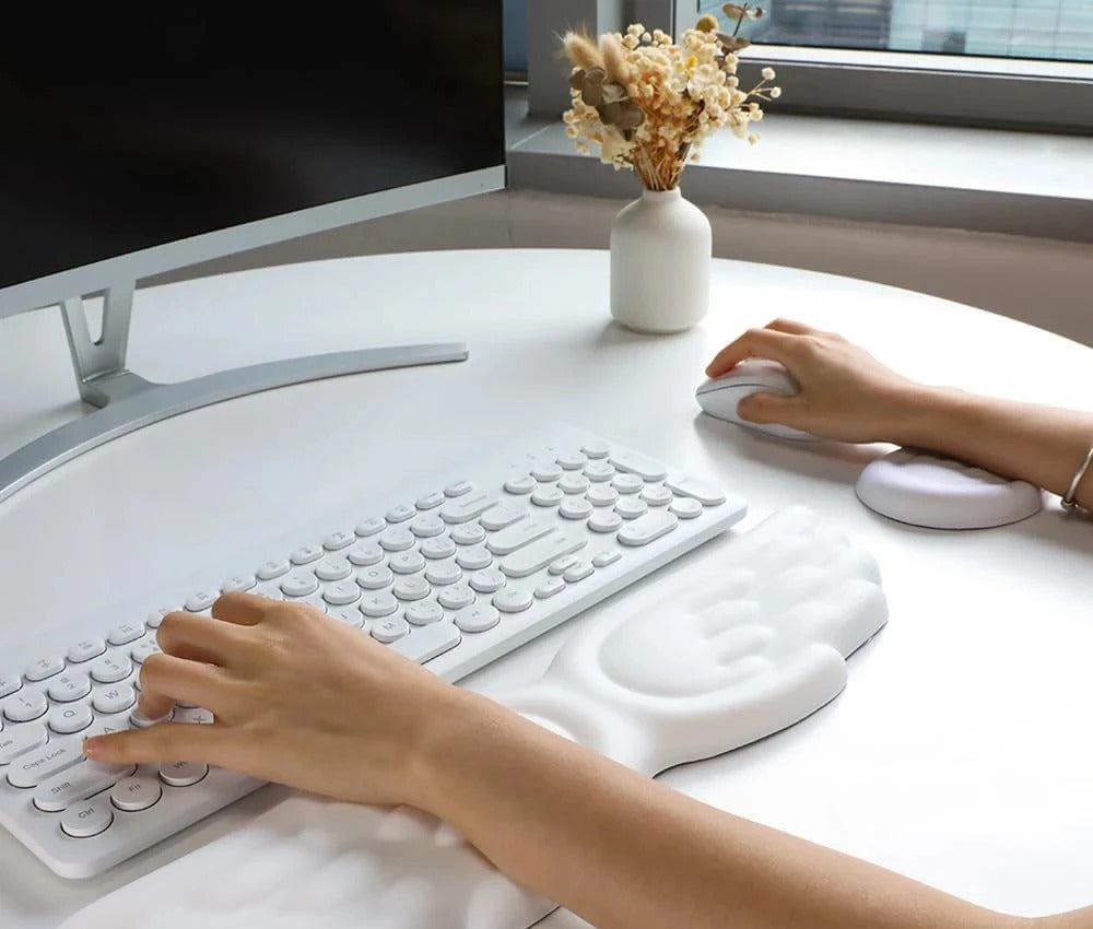 WristWing keyboard and mouse wrist rest set — in use while typing