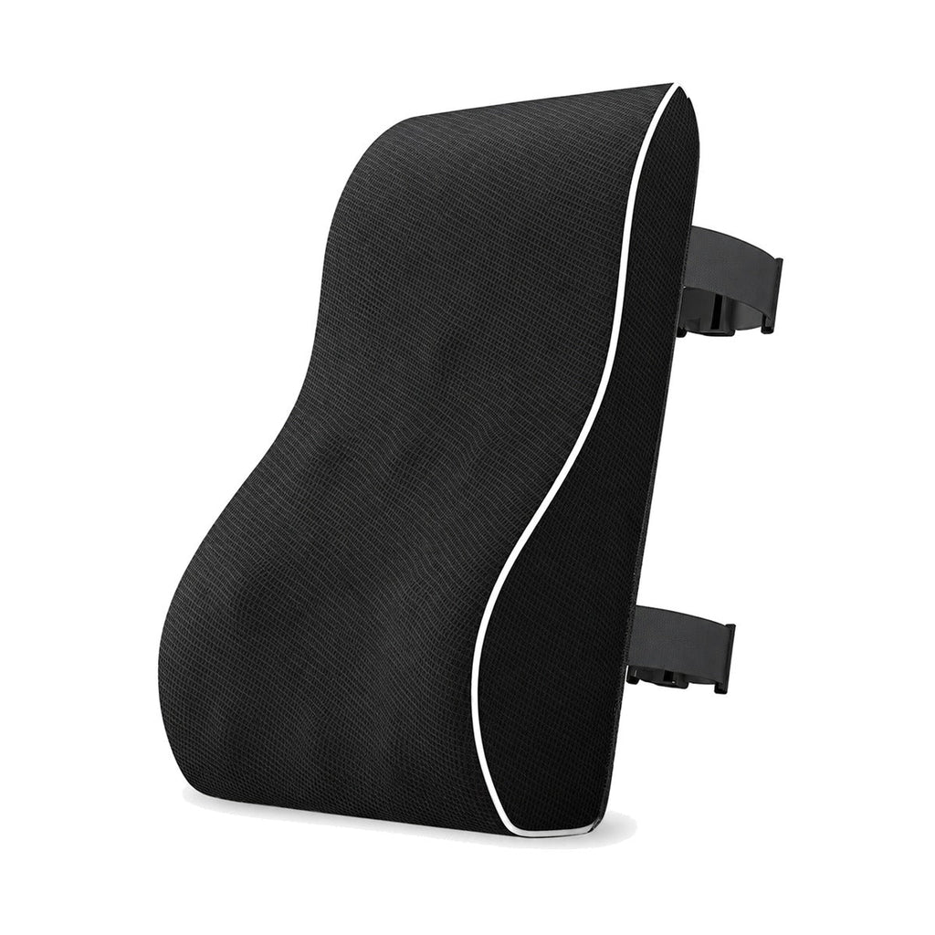 ErgoBack lumbar cushion in black with white piping and two straps, on white