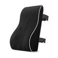 ErgoBack lumbar cushion in black with white piping and two straps, on white
