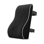 ErgoBack lumbar cushion in black with white piping and two straps, on white