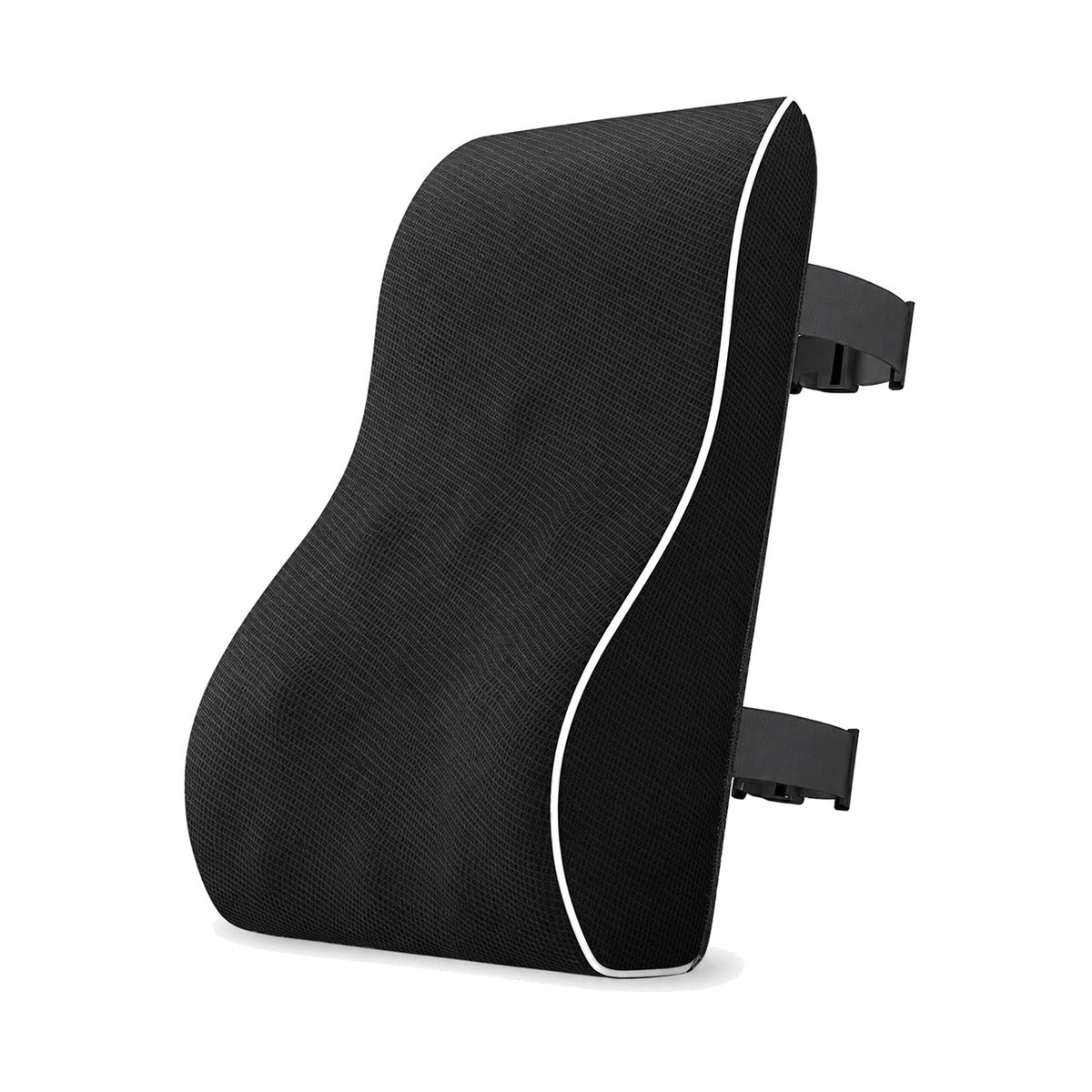ErgoBack lumbar cushion in black with white piping and two straps, on white